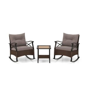 3 Pieces Outdoor Rattan Rocking Chairs Set with  2-Tier Side Table for Garden Backyard Brown |   Patio Conversation Sets Outdoor & Patio Furniture Brown