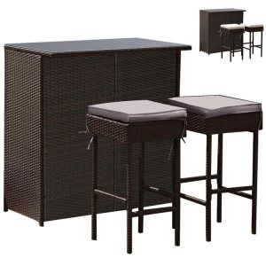 3 Pieces Outdoor Rattan Wicker Bar Set with 2 Cushions Stools Gray & Off White |   Patio Bar Furniture Outdoor & Patio Furniture Gray & Off White