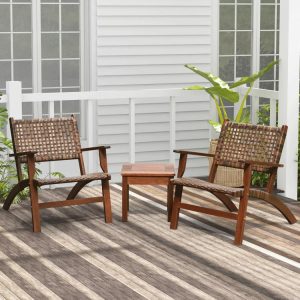 3 Pieces Outdoor Wooden Patio Rattan Furniture Set Brown |   Patio Conversation Sets Outdoor & Patio Furniture Brown