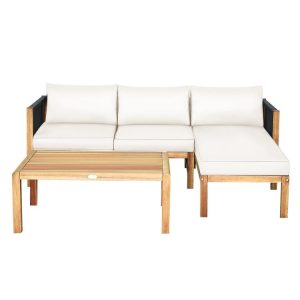 3 Pieces Patio Acacia Wood Sofa Furniture Set with Nylon Rope Armrest White |   Outdoor Sectionals Outdoor & Patio Furniture Outdoor Sectionals