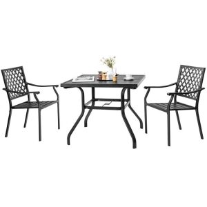 3 Pieces Patio Dining Set Stackable Chairs Armrest Table with Umbrella Hole  |   Patio Dining Sets Outdoor & Patio Furniture Patio Dining Sets