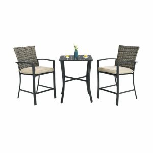 3 Pieces Rattan Bar Furniture Set with Slat Table and 2 Cushioned Stools Gray |   Patio Bar Furniture Outdoor & Patio Furniture Gray