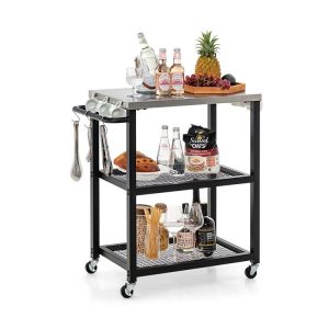 3-Tier Foldable Outdoor Stainless Steel Food Prepare Dining Cart Table on Wheels Black |   Outdoor Grills Outdoor Black