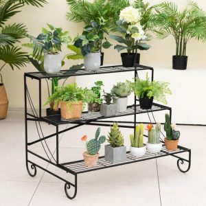 3-Tier Mental Plant Stand with Grid Shelf  |   Plant Stands Garden Plant Stands