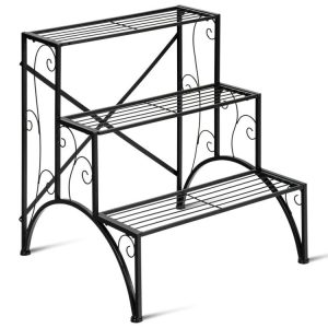 3-Tier Metal Plant Rack Garden Shelf in Stair Style Black |   Plant Stands Garden Black