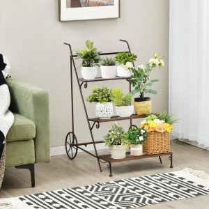 3-Tier Metal Plant Stand with Wheels and Handle for Balcony Brass |   Plant Stands Garden Brass