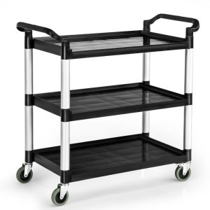 3-Tier Utility Service Cart with Lockable Wheels and Double Handles Black, Silver |   Garages Garages Black, Silver