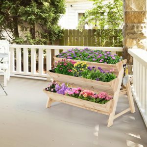 3 Tier Wooden Vertical Raised Garden Bed with Storage Shelf Natural |   Raised Garden Beds Garden Natural