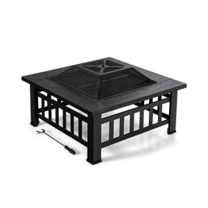 32 Inch 3 in 1 Outdoor Square Fire Pit Table with BBQ Grill and Rain Cover for Camping Black |   Fire Pits Fire Pits Black