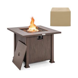 32 Inch 50,000 BTU Square Fire Pit Table with Lid and Lava Rocks Brown |   Fire Pits Fire Pits Brown