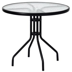 32 Inch Outdoor Patio Round Tempered Glass Top Table with Umbrella Hole Black |   Patio Tables Outdoor & Patio Furniture Black