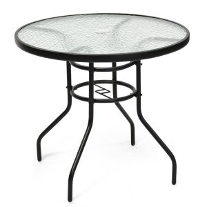 32 Inch Patio Tempered Glass Steel Frame Round Table with Convenient Umbrella Hole  |   Patio Tables Outdoor & Patio Furniture Patio Tables