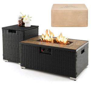 32 x 20 Inch Propane Rattan Fire Pit Table Set with Side Table Tank and Cover Black |   Fire Pits Fire Pits Black