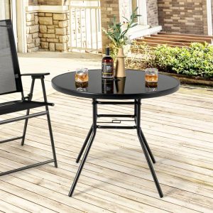 34 Inch Patio Dining Table with 1.5 inch Umbrella Hole for Garden Black |   Patio Tables Outdoor & Patio Furniture Black