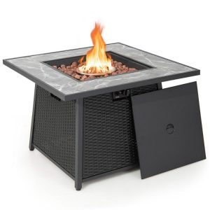 35 Inch Propane Gas Fire Pit Table Wicker Rattan with Lava Rocks PVC Cover Black |   Fire Pits Fire Pits Black