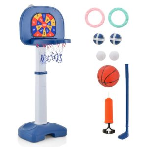 4-In-1 Adjustable Kids Basketball Hoop with Ring Toss Sticky Ball White+Blue |   Toy Sports Outdoor Play Toy Sports