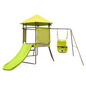 4-in-1 Swing Set with Covered Playhouse Fort and Height Adjustable Baby Seat Green |   Swing & Playsets Outdoor Play Green