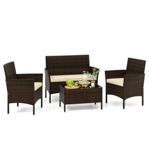 4 Piece Patio Rattan Conversation Set with Cozy Seat Cushions Beige |   Patio Conversation Sets Outdoor & Patio Furniture Beige