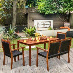 4 Pieces Acacia Wood Patio Rattan Dining Furniture Set  |   Patio Dining Sets Outdoor & Patio Furniture Patio Dining Sets