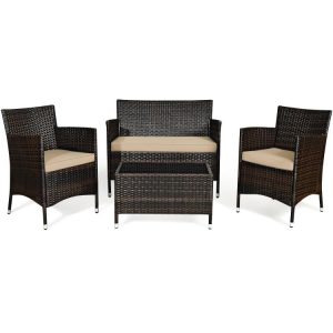 4 Pieces Comfortable Outdoor Rattan Sofa Set with Glass Coffee Table Light Brown |   Patio Conversation Sets Outdoor & Patio Furniture Light Brown