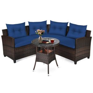 4 Pieces Outdoor Cushioned Rattan Furniture Set Navy |   Outdoor Sectionals Outdoor & Patio Furniture Navy