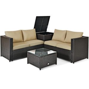 4 Pieces Outdoor Patio Rattan Furniture Set with Loveseat and Storage Box Brown |   Outdoor Sectionals Outdoor & Patio Furniture Brown