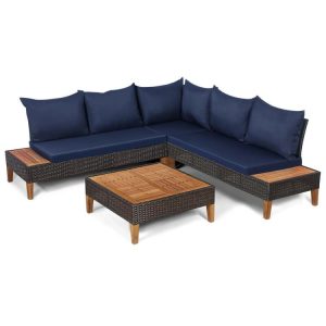 4 Pieces Patio Cushioned Rattan Furniture Set with Wooden Side Table Navy |   Outdoor Sectionals Outdoor & Patio Furniture Navy