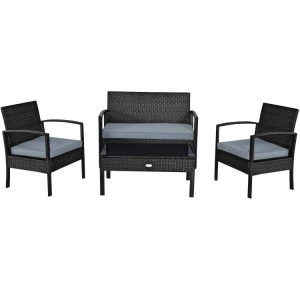 4 Pieces Patio Rattan Cushioned Furniture Set with Loveseat and Table Black |   Patio Conversation Sets Outdoor & Patio Furniture Black