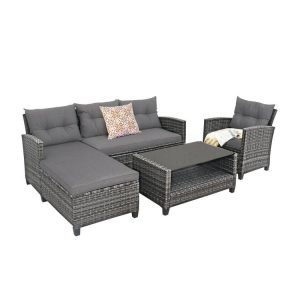 4 Pieces Patio Rattan Furniture Set with Cushion and Table Shelf Gray |   Outdoor Sectionals Outdoor & Patio Furniture Gray