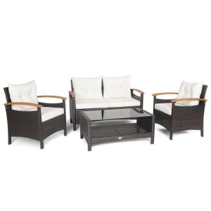 4 Pieces Patio Rattan Furniture Set with Cushioned Sofa and Storage Table White |   Patio Conversation Sets Outdoor & Patio Furniture Patio Conversation Sets