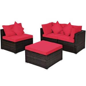 4 Pieces Patio Rattan Furniture Set with Removable Cushions and Pillows Red |   Outdoor Sectionals Outdoor & Patio Furniture Outdoor Sectionals