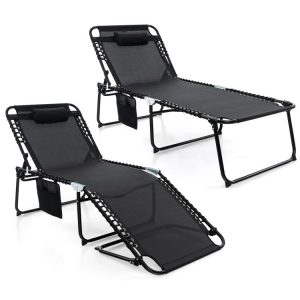 4 Position Folding Lounge Chaise with Adjustable Backrest and Footrest Black |   Outdoor Chaise Lounges Outdoor & Patio Furniture Black