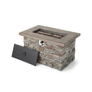 43.5 Inch Rectangle Faux Stone Propane Gas Fire Pit Table with Lava Rock and PVC Cover Gray |   Fire Pits Fire Pits Fire Pits