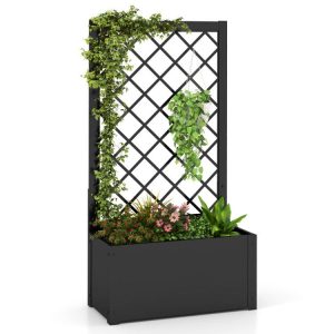 44 Inch Metal Raised Garden Bed with Trellis Black |   Raised Garden Beds Garden Black