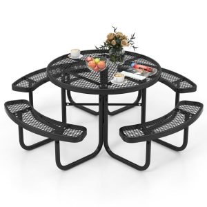 45 Inches Outdoor Round Picnic Table and Bench Set for 8 with Umbrella Hole Black |   Patio Tables Outdoor & Patio Furniture Black