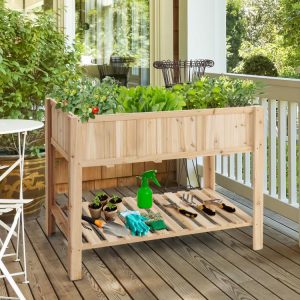 47 Inch Wooden Raised Garden Bed with Bottom Shelf and Bed Liner Natural |   Raised Garden Beds Garden Natural