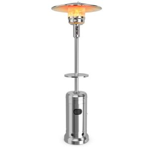 48,000 BTU Standing Outdoor Heater Propane LP Gas Steel with Table and Wheels Silver |   Patio Heaters Outdoor Heating Patio Heaters