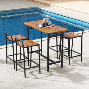 5 Piece Acacia Wood Bar Table Set Bar Height Table and Chairs with Metal Frame and Footrest  |   Patio Bar Furniture Outdoor & Patio Furniture Patio Bar Furniture