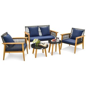 5 Piece Outdoor Conversation Set with 2 Coffee Tables for Backyard Poolside Navy |   Patio Conversation Sets Outdoor & Patio Furniture Navy