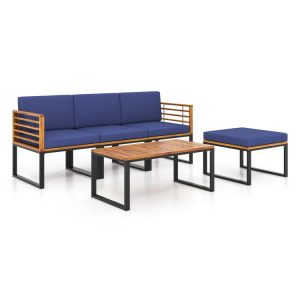 5-Piece Patio Acacia Wood Chair Set with Ottoman and Coffee Table Navy |   Patio Conversation Sets Outdoor & Patio Furniture Navy