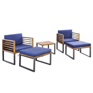 5 Piece Patio Acacia Wood Chair Set with Ottomans and Coffee Table Navy |   Patio Conversation Sets Outdoor & Patio Furniture Navy