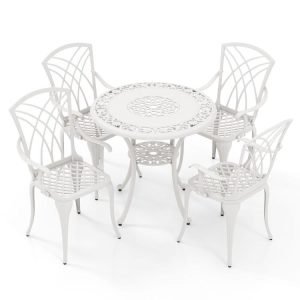 5 Piece Patio Bistro Table Chair Set with Umbrella Hole and Aluminum Frame White |   Patio Dining Sets Outdoor & Patio Furniture Patio Dining Sets