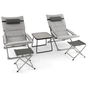 5-Piece Patio Sling Chair Set Folding Lounge Chairs with Footrests and Coffee Table Gray |   Outdoor Chaise Lounges Outdoor & Patio Furniture Gray