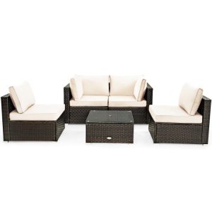 5 Pieces Cushioned Patio Rattan Furniture Set with Glass Table White |   Outdoor Sectionals Outdoor & Patio Furniture Outdoor Sectionals