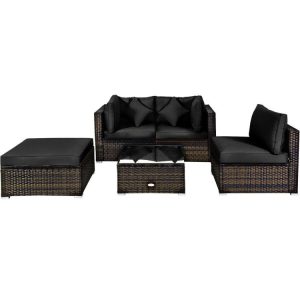 5 Pieces Outdoor Patio Rattan Furniture Set Sectional Conversation with Cushions Black |   Outdoor Sectionals Outdoor & Patio Furniture Black