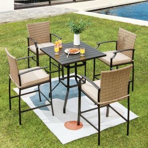 5 Pieces Outdoor Rattan Bistro Bar Stool Table Set with Cushions  |   Patio Bar Furniture Outdoor & Patio Furniture Patio Bar Furniture