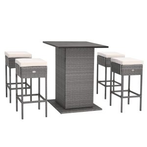 5 Pieces Outdoor Wicker Bar Table Set with Hidden Storage Shelves-White  |   Patio Bar Furniture Outdoor & Patio Furniture Patio Bar Furniture