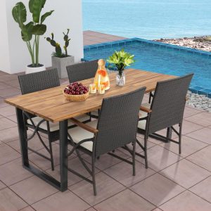 5 Pieces Patio Rattan Dining Set with Acacia Wood Tabletop and Armrests  |   Patio Dining Sets Outdoor & Patio Furniture Patio Dining Sets