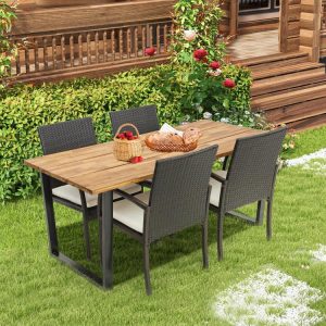 5 Pieces Patio Rattan Dining Set with Umbrella Hole and Seat Cushions  |   Patio Dining Sets Outdoor & Patio Furniture Patio Dining Sets