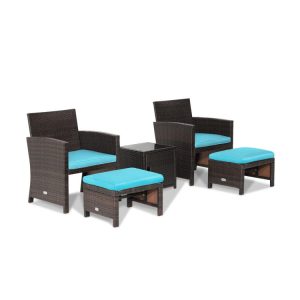 5 Pieces Patio Rattan Furniture Set with Ottoman and Tempered Glass Coffee Table Turquoise |   Patio Conversation Sets Outdoor & Patio Furniture Patio Conversation Sets